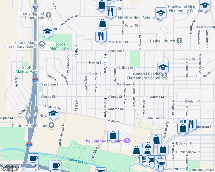 map of restaurants, bars, coffee shops, grocery stores, and more near 832 Haines Avenue in Rapid City