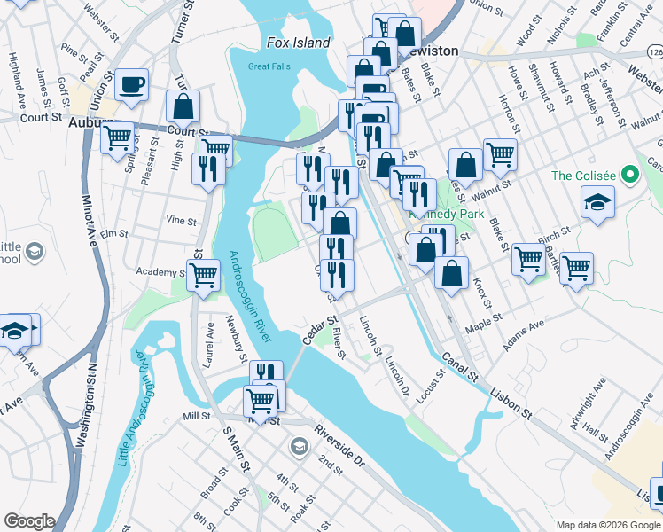 map of restaurants, bars, coffee shops, grocery stores, and more near 161 Lincoln Street in Lewiston