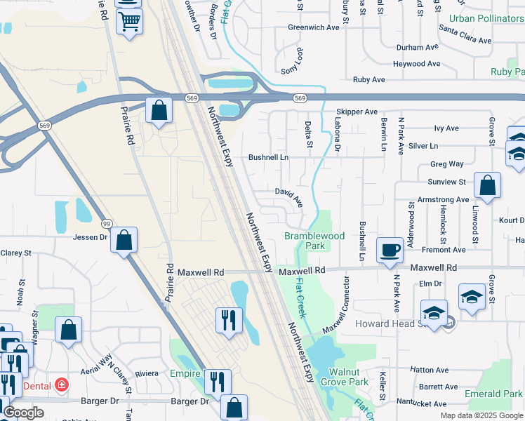 map of restaurants, bars, coffee shops, grocery stores, and more near 1272 Bramblewood Lane in Eugene