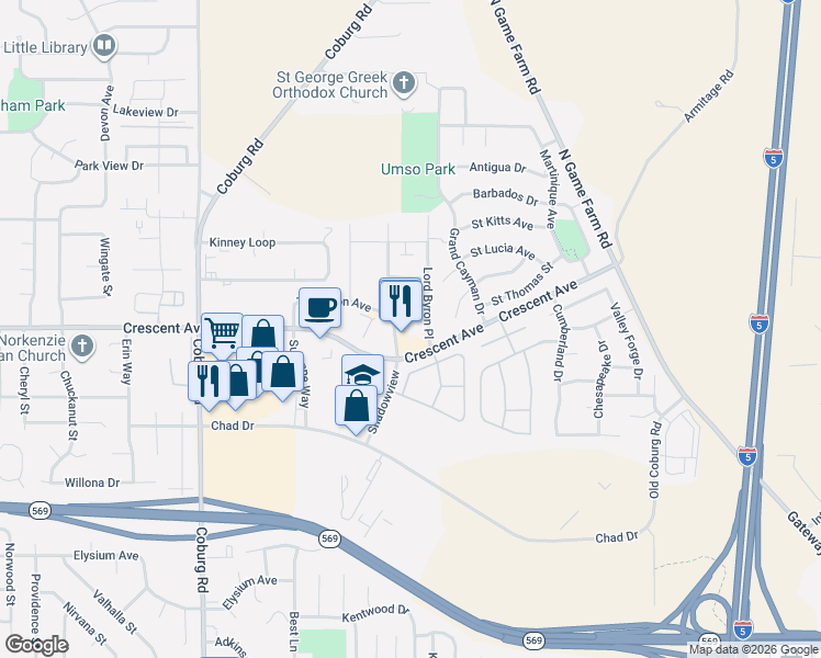 map of restaurants, bars, coffee shops, grocery stores, and more near 2751 Shadow View Drive in Eugene
