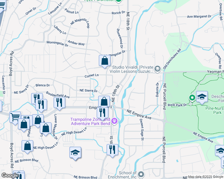 map of restaurants, bars, coffee shops, grocery stores, and more near 20886 Nova Loop in Bend