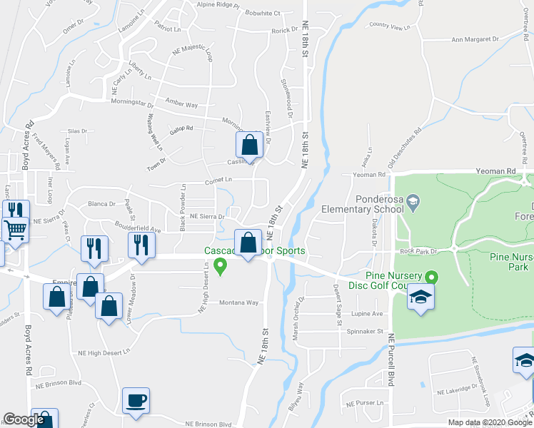 map of restaurants, bars, coffee shops, grocery stores, and more near 20850 Northeast Sierra Drive in Bend