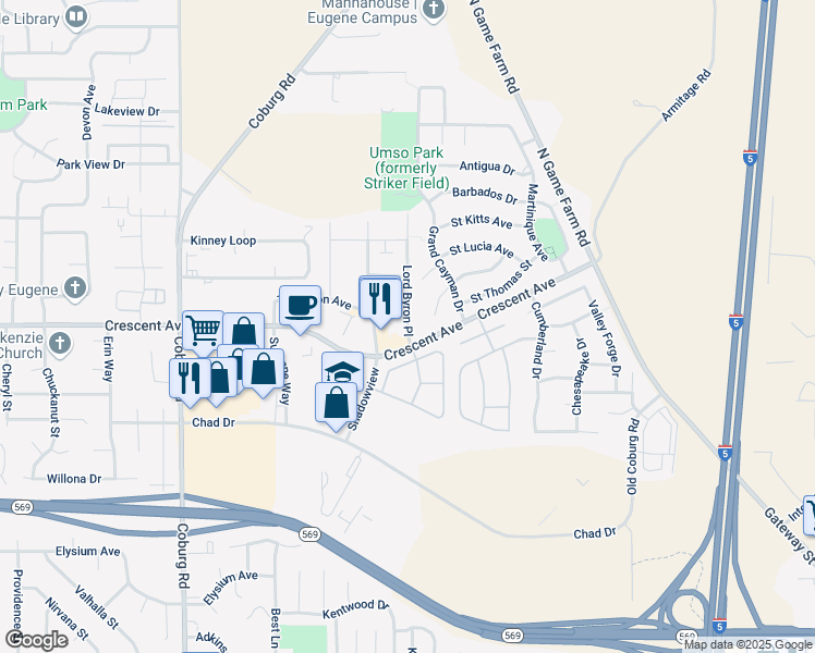 map of restaurants, bars, coffee shops, grocery stores, and more near 2705 Lord Byron Place in Eugene