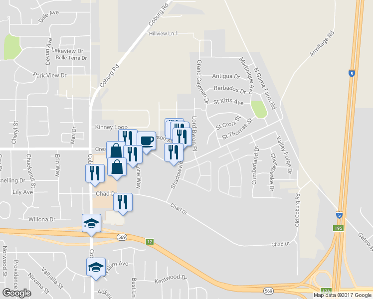 map of restaurants, bars, coffee shops, grocery stores, and more near 2745 Shadow View Drive in Eugene