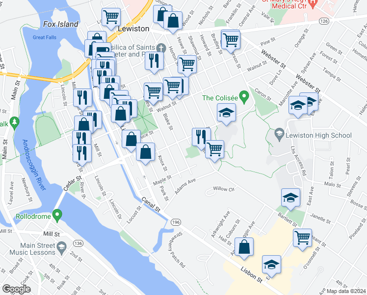 map of restaurants, bars, coffee shops, grocery stores, and more near 233 Blake Street in Lewiston