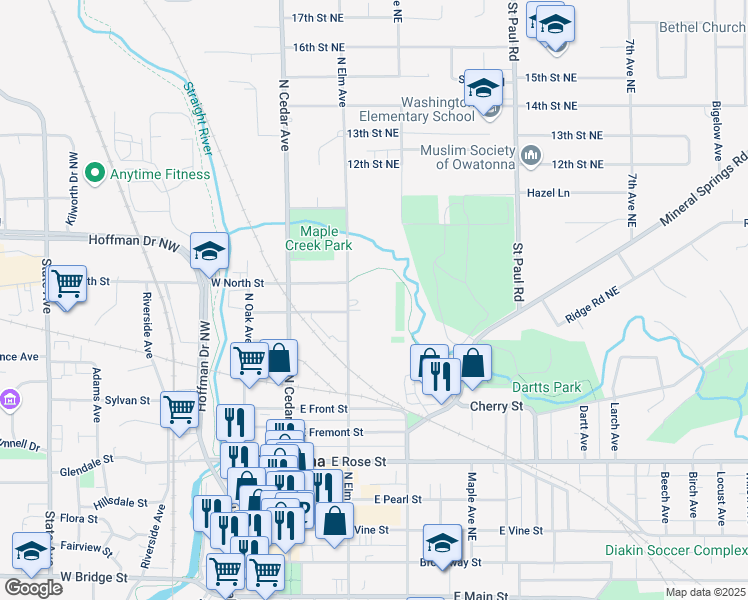 map of restaurants, bars, coffee shops, grocery stores, and more near 1220 South Elm Avenue in Owatonna