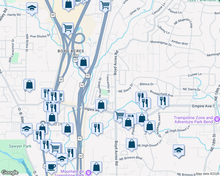 map of restaurants, bars, coffee shops, grocery stores, and more near 63164 Lancaster Street in Bend