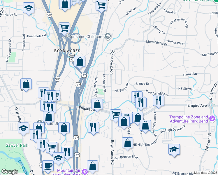 map of restaurants, bars, coffee shops, grocery stores, and more near 63147 Boyd Acres Road in Bend