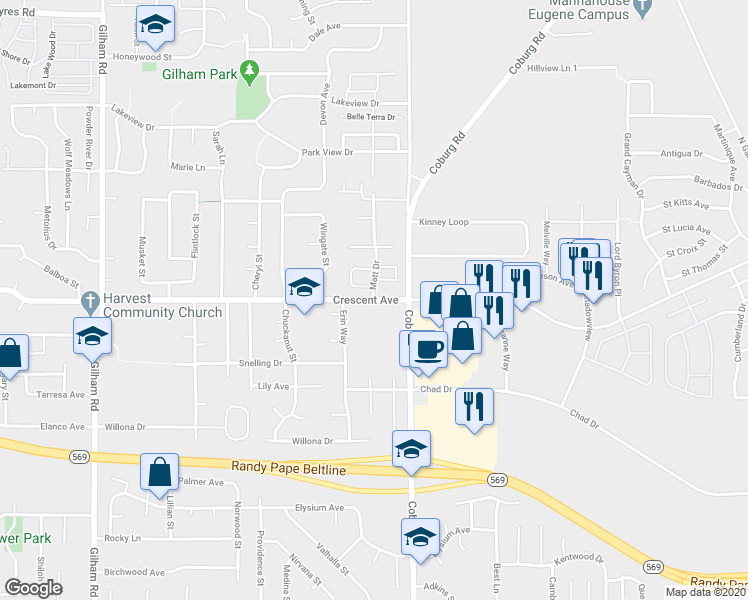 map of restaurants, bars, coffee shops, grocery stores, and more near 2701 Crescent Avenue in Eugene