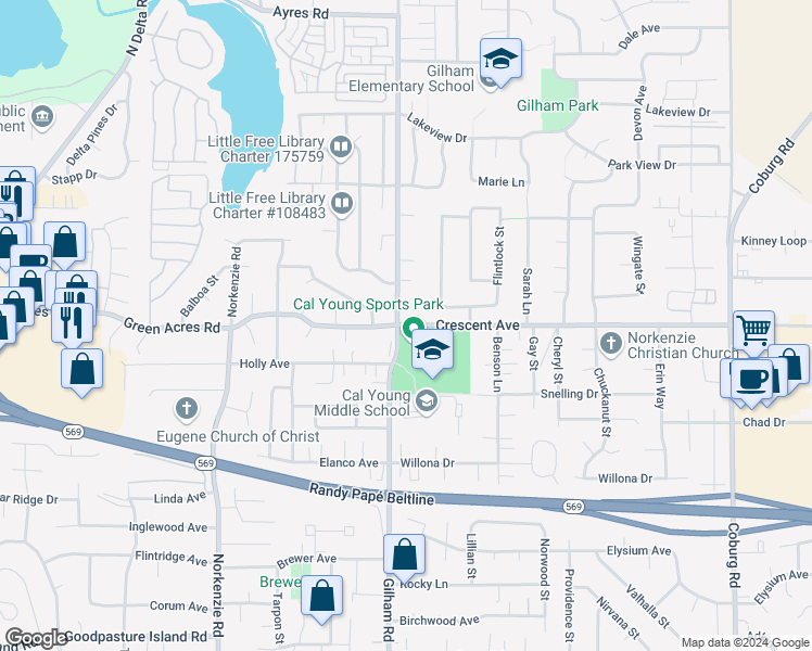 map of restaurants, bars, coffee shops, grocery stores, and more near 2015 Crescent Avenue in Eugene