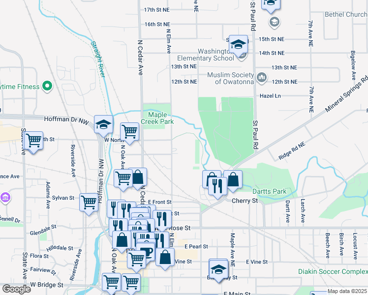 map of restaurants, bars, coffee shops, grocery stores, and more near 1220 South Elm Avenue in Owatonna