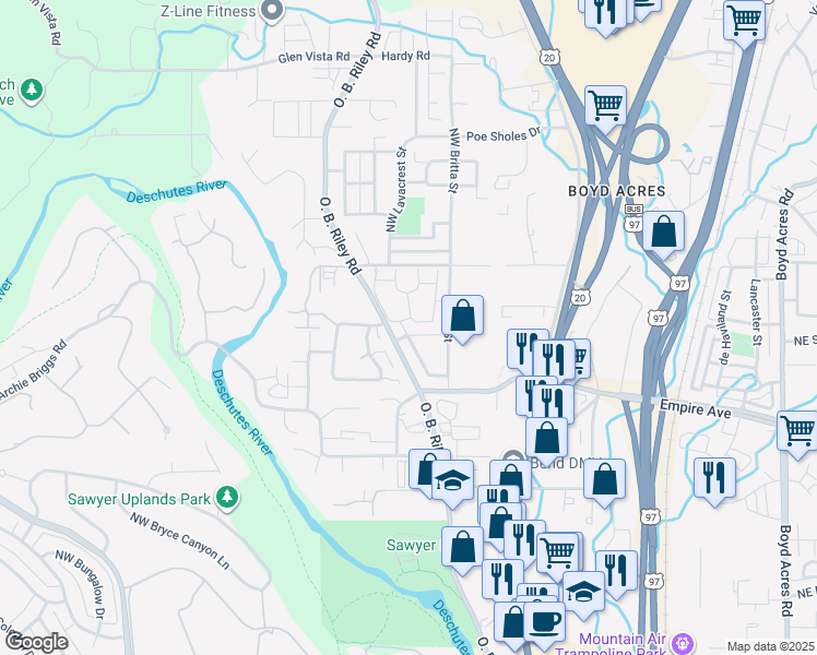 map of restaurants, bars, coffee shops, grocery stores, and more near 20254 Ellie Lane in Bend