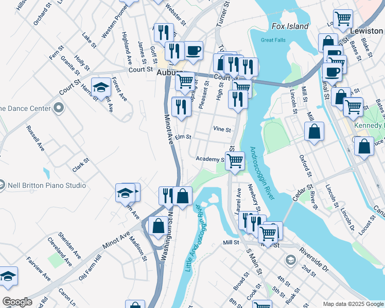 map of restaurants, bars, coffee shops, grocery stores, and more near 63 Academy Street in Auburn