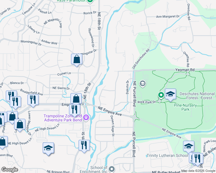map of restaurants, bars, coffee shops, grocery stores, and more near 20949 Lava Flow Lane in Bend