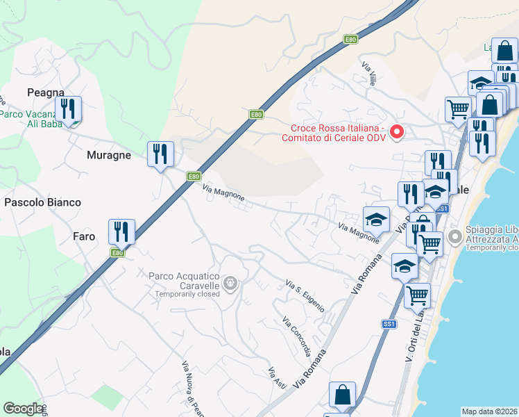 map of restaurants, bars, coffee shops, grocery stores, and more near 59 Via Magnone in Ceriale