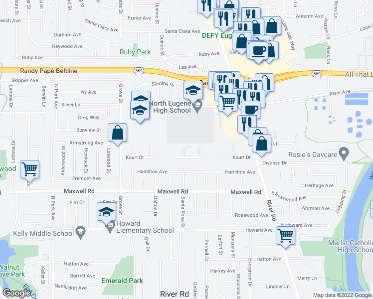 map of restaurants, bars, coffee shops, grocery stores, and more near 1835 Manihi Drive in Eugene
