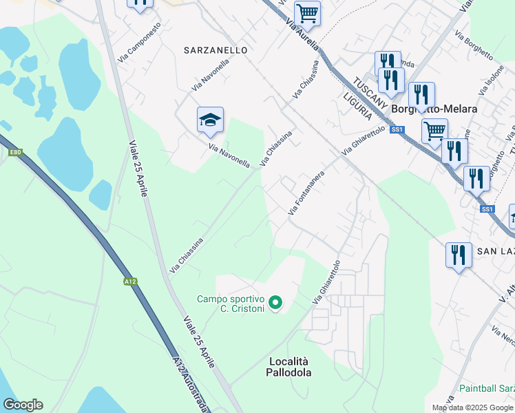 map of restaurants, bars, coffee shops, grocery stores, and more near 67 Via Fontananera in Sarzana