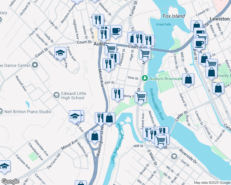 map of restaurants, bars, coffee shops, grocery stores, and more near 63 Academy Street in Auburn