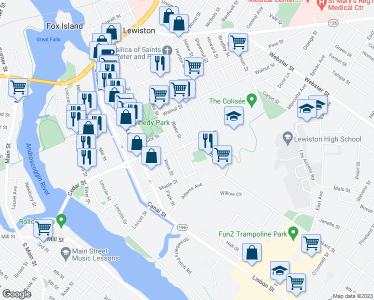 map of restaurants, bars, coffee shops, grocery stores, and more near 214 Blake Street in Lewiston