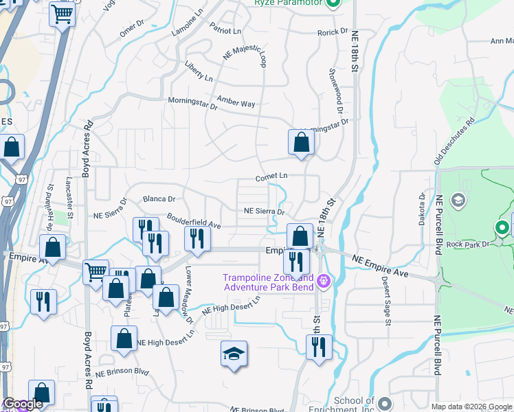 map of restaurants, bars, coffee shops, grocery stores, and more near 20786 Northeast Sierra Drive in Bend