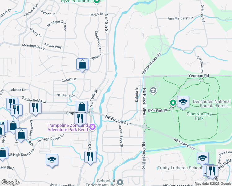 map of restaurants, bars, coffee shops, grocery stores, and more near 20949 Lava Flow Lane in Bend