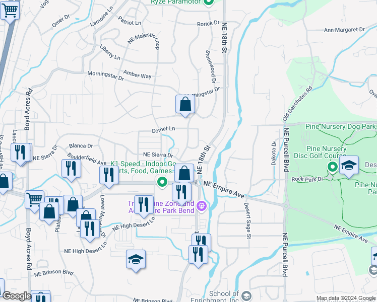 map of restaurants, bars, coffee shops, grocery stores, and more near 20826 Northeast Sierra Drive in Bend