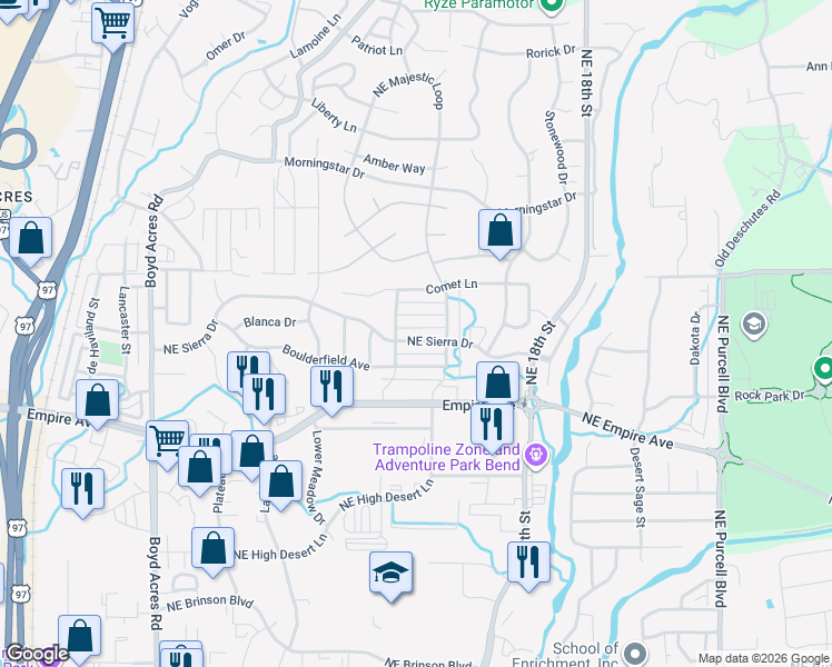 map of restaurants, bars, coffee shops, grocery stores, and more near 20769 Northeast Sierra Drive in Bend