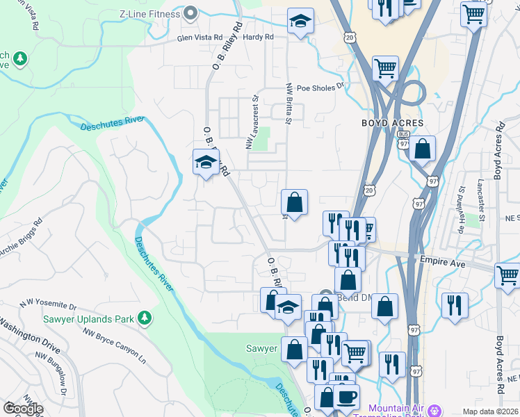 map of restaurants, bars, coffee shops, grocery stores, and more near 63137 O. B. Riley Road in Bend