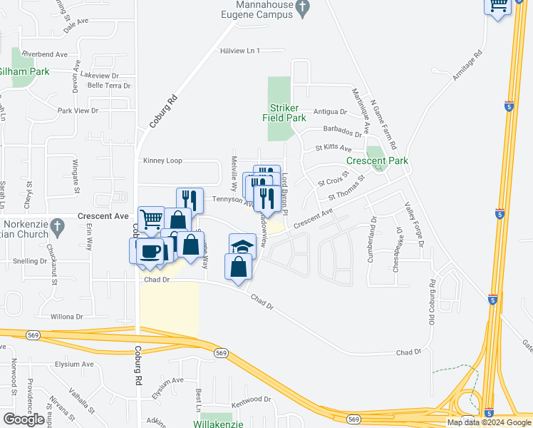 map of restaurants, bars, coffee shops, grocery stores, and more near 2745 Shadow View Drive in Eugene