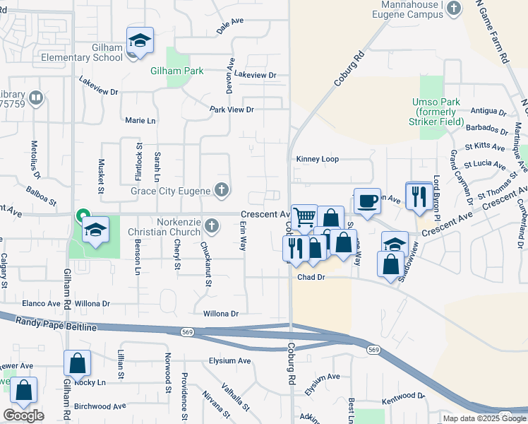 map of restaurants, bars, coffee shops, grocery stores, and more near 2766 Crescent Avenue in Eugene