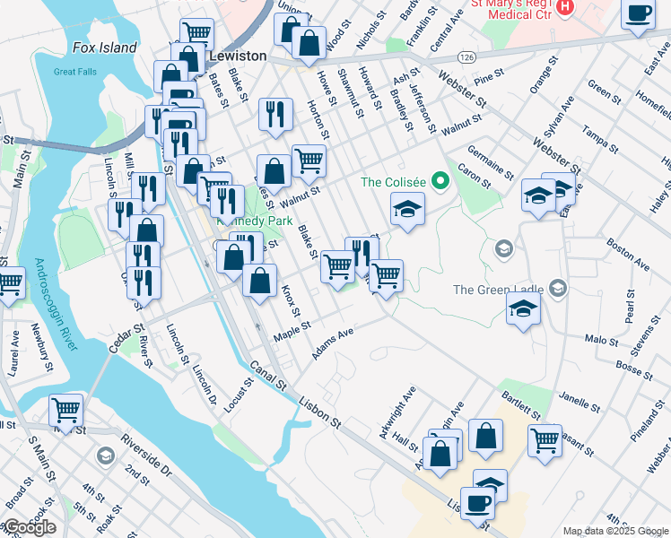 map of restaurants, bars, coffee shops, grocery stores, and more near 233 Blake Street in Lewiston