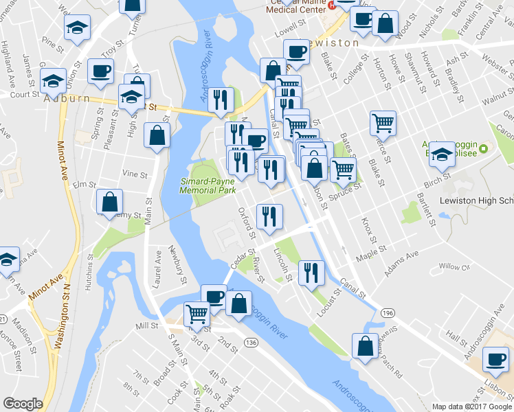 map of restaurants, bars, coffee shops, grocery stores, and more near 141 Lincoln Street in Lewiston