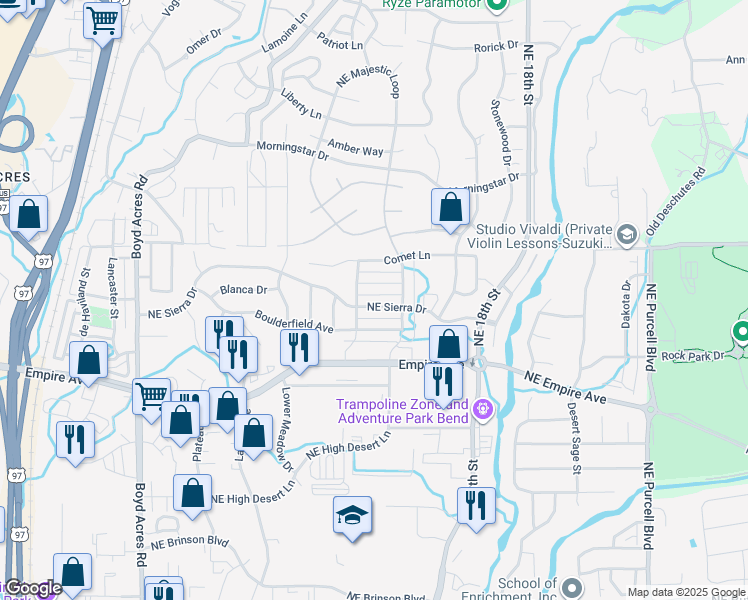 map of restaurants, bars, coffee shops, grocery stores, and more near 20769 Northeast Sierra Drive in Bend