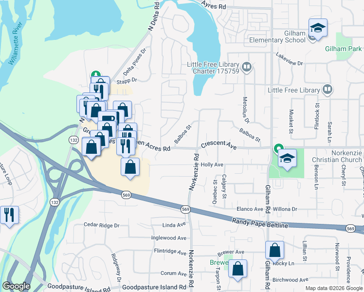 map of restaurants, bars, coffee shops, grocery stores, and more near 1523 Green Acres Road in Eugene
