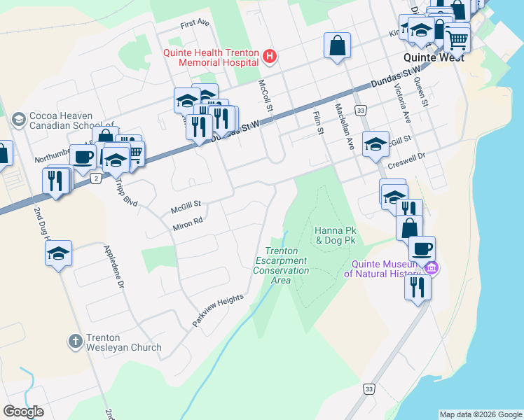 map of restaurants, bars, coffee shops, grocery stores, and more near 32 Edgeview Drive in Quinte West