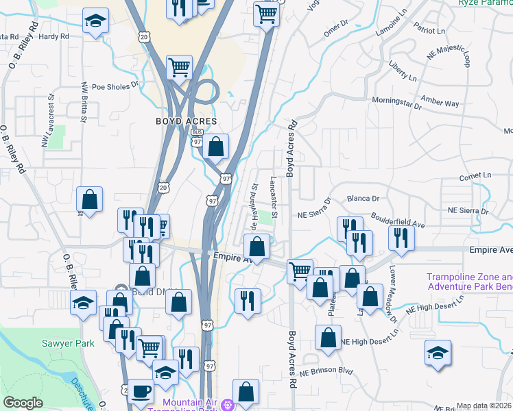 map of restaurants, bars, coffee shops, grocery stores, and more near 63145 Lancaster Street in Bend