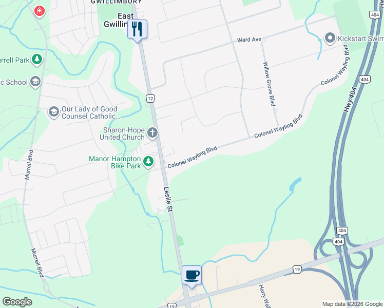 map of restaurants, bars, coffee shops, grocery stores, and more near 18 Colonel Wayling Boulevard in East Gwillimbury