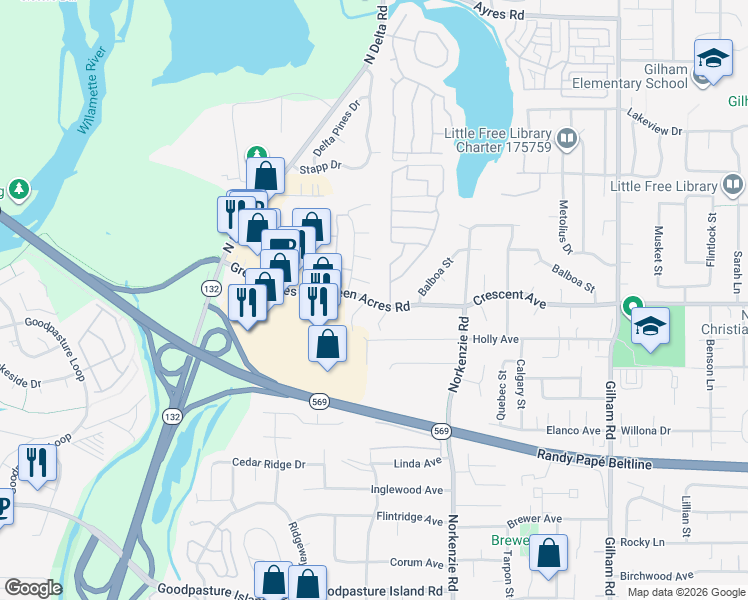 map of restaurants, bars, coffee shops, grocery stores, and more near 2745 Delta Oaks Drive in Eugene