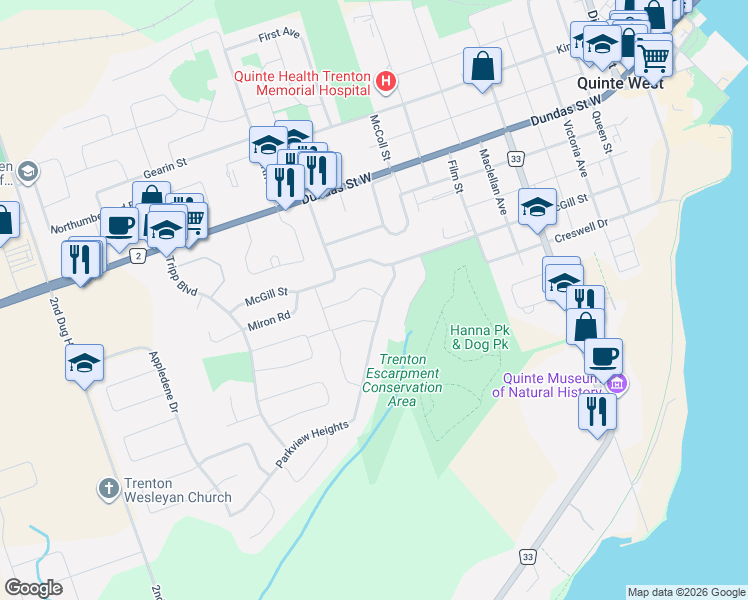 map of restaurants, bars, coffee shops, grocery stores, and more near 9 Parkview Heights in Quinte West