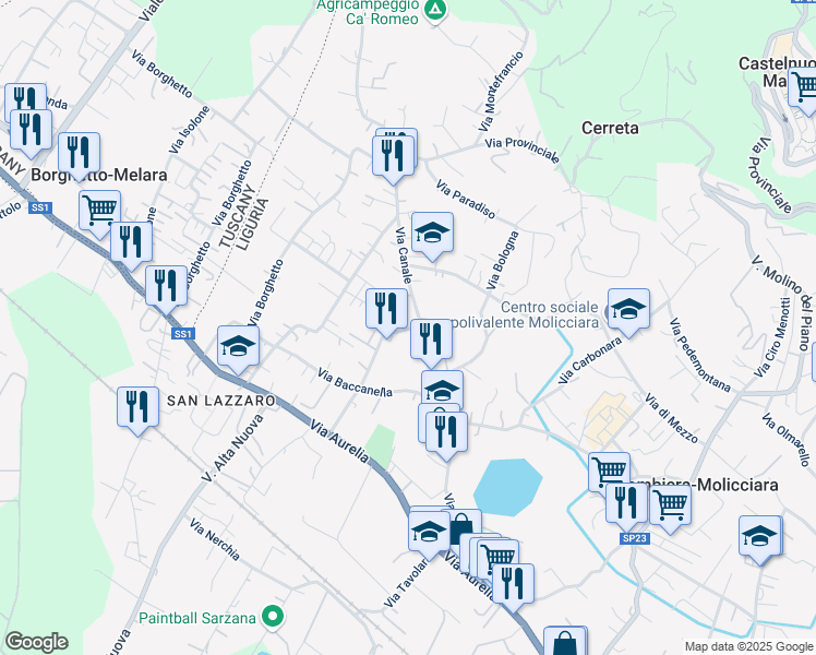 map of restaurants, bars, coffee shops, grocery stores, and more near in Colombiera-molicciara
