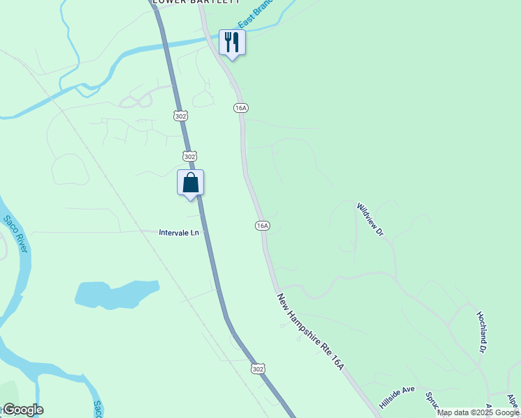 map of restaurants, bars, coffee shops, grocery stores, and more near 246 New Hampshire 16A in Intervale