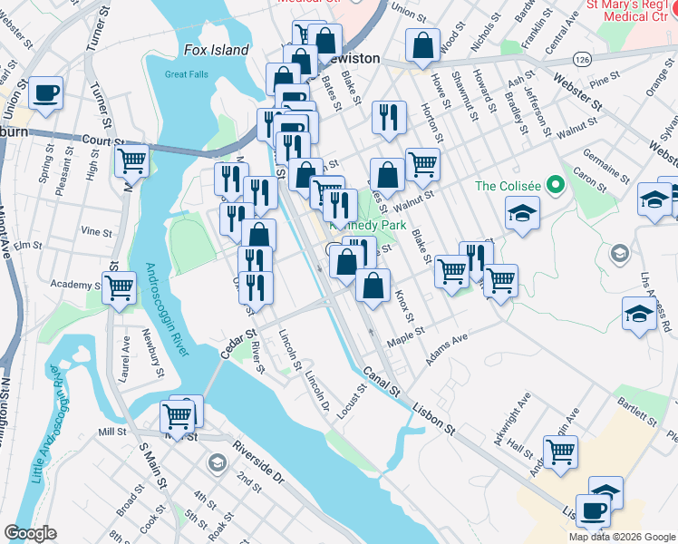 map of restaurants, bars, coffee shops, grocery stores, and more near 369 Lisbon Street in Lewiston