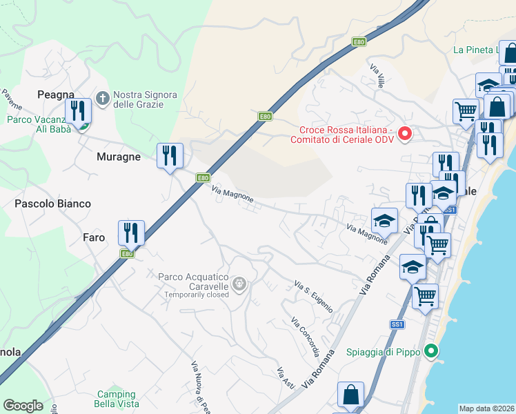 map of restaurants, bars, coffee shops, grocery stores, and more near 59 Via Magnone in Ceriale