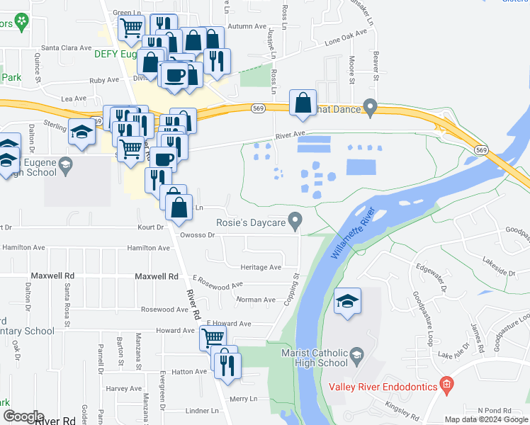 map of restaurants, bars, coffee shops, grocery stores, and more near 297 Carolyn Drive in Eugene