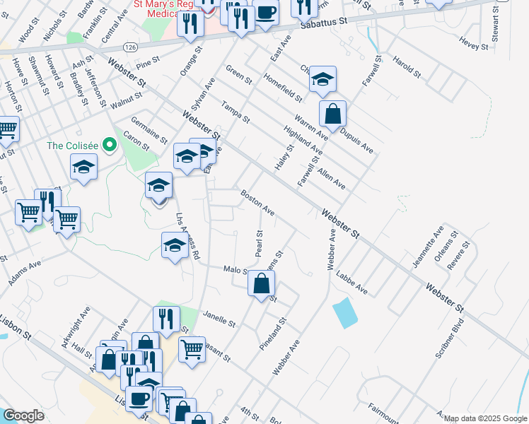 map of restaurants, bars, coffee shops, grocery stores, and more near 12 Pearl Street in Lewiston