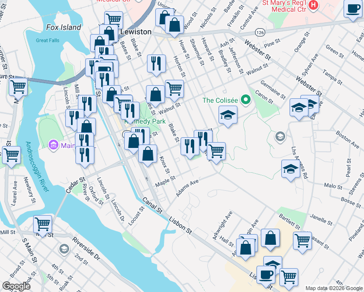 map of restaurants, bars, coffee shops, grocery stores, and more near 233 Blake Street in Lewiston