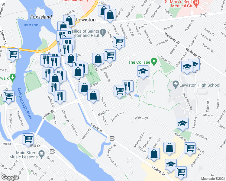 map of restaurants, bars, coffee shops, grocery stores, and more near 233 Blake Street in Lewiston