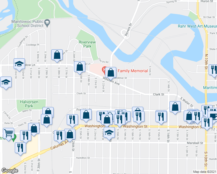map of restaurants, bars, coffee shops, grocery stores, and more near 2102 Clark Street in Manitowoc