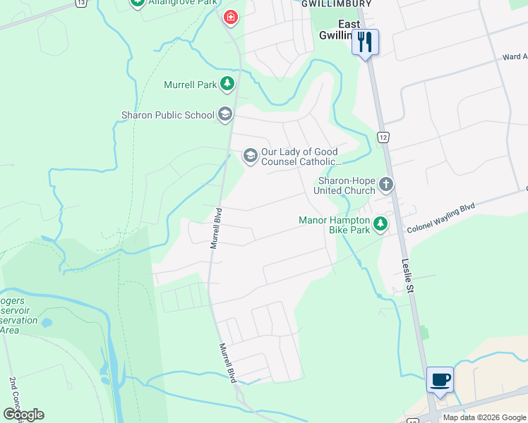 map of restaurants, bars, coffee shops, grocery stores, and more near 25 Whitebirch Lane in East Gwillimbury