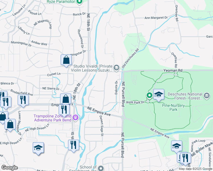 map of restaurants, bars, coffee shops, grocery stores, and more near 63148 Desert Sage Street in Bend